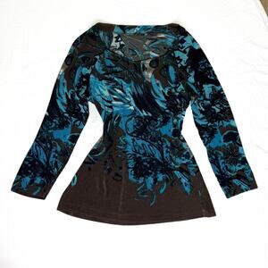 Brown and blue floral velour  blouse with long sleeves      size M/L no tag